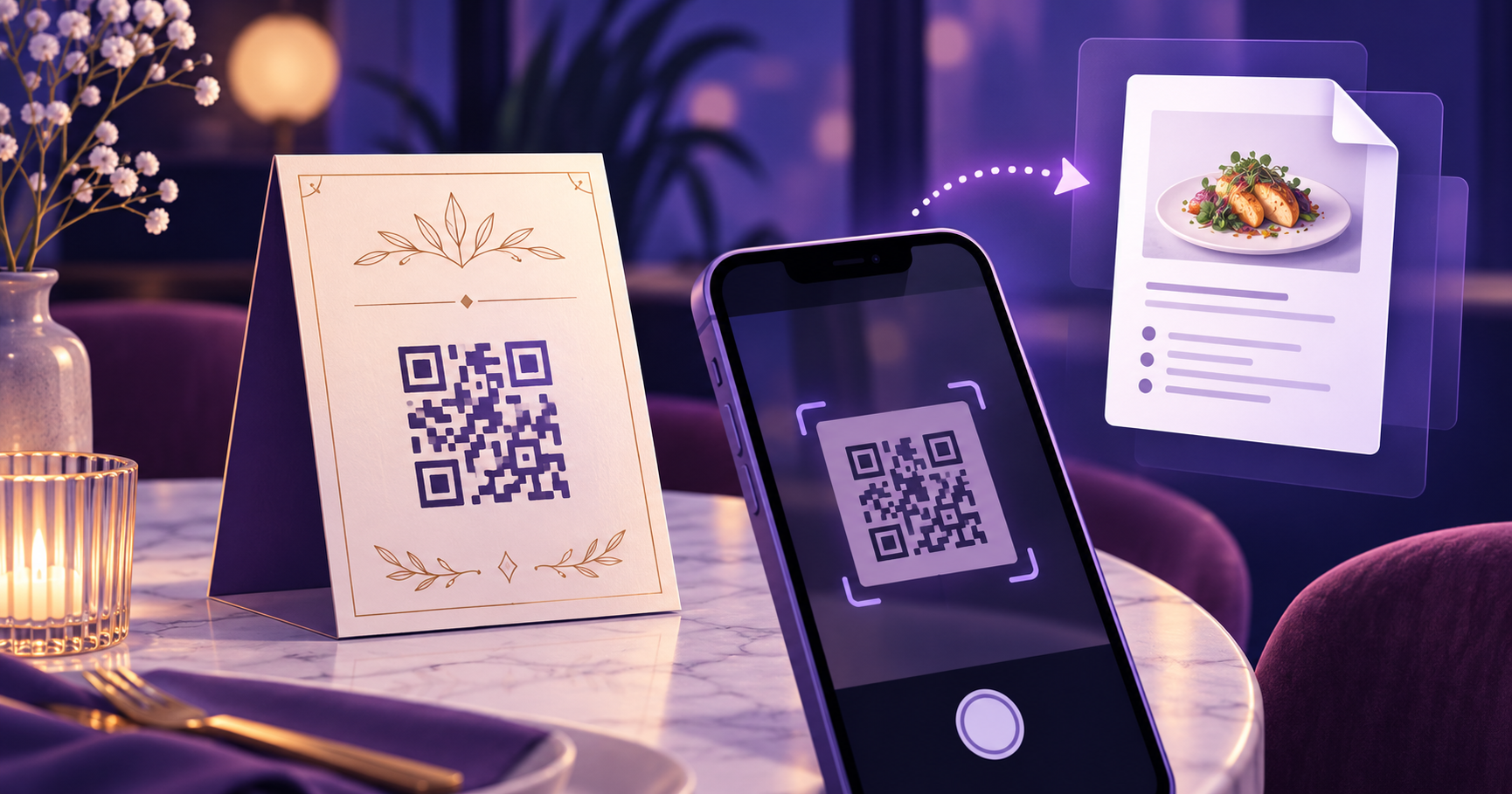phone scanning a QR code on a restaurant menu to open a digital document