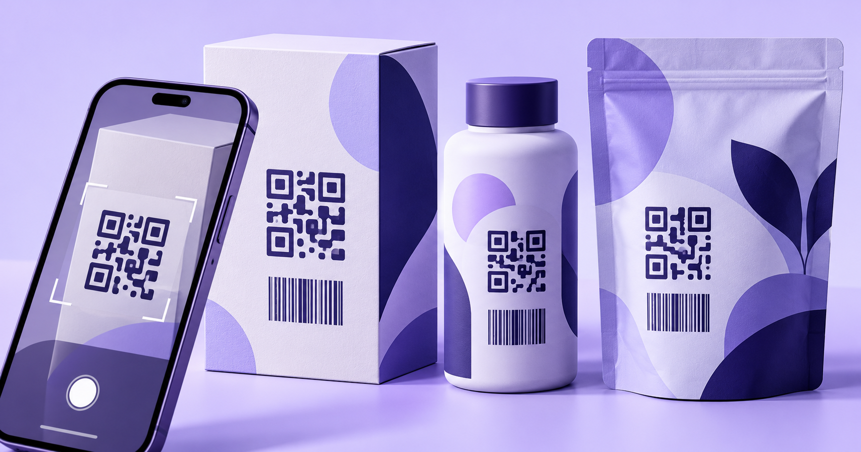 phone scanning QR codes on unbranded product packaging beside retail barcodes